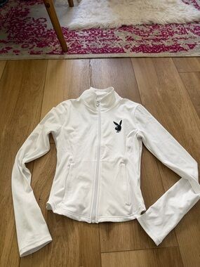 PLAYBOY White Zip-Front Bomber Jacket with Bunny Logo